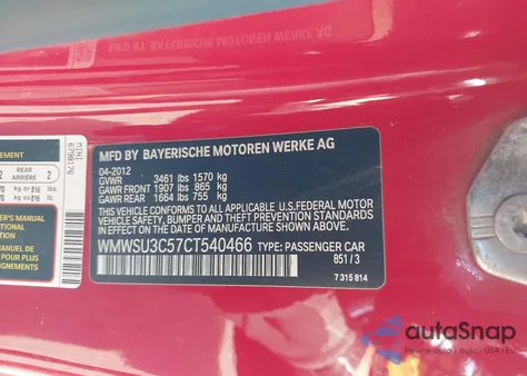 2012 Mini Cooper from USA, damaged, VIN WMWSU3C57CT540466